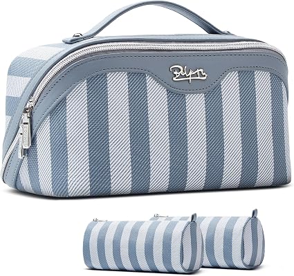 BOYATU Travel Makeup Bag: 3-Piece Striped Set, Blue